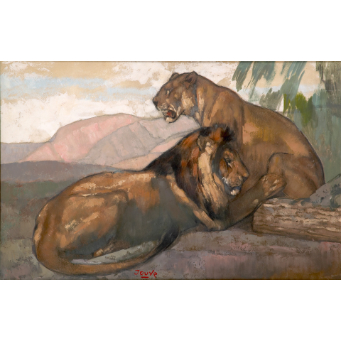 Lion couché et lionne assise, vers 1922.